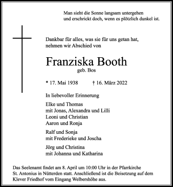 Traueranzeige von Franziska Booth von Rheinische Post
