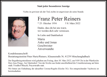 Traueranzeige von Franz Peter Reiners von Rheinische Post