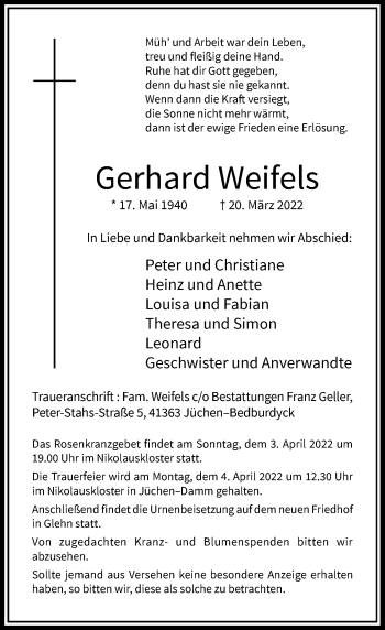 Traueranzeige von Gerhard Weifels von Rheinische Post