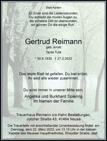 Traueranzeige von Gertrud Reimann von Rheinische Post