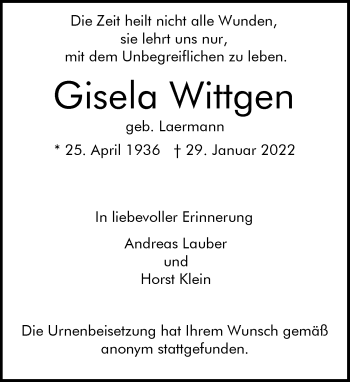 Traueranzeige von Gisela Wittgen von Rheinische Post