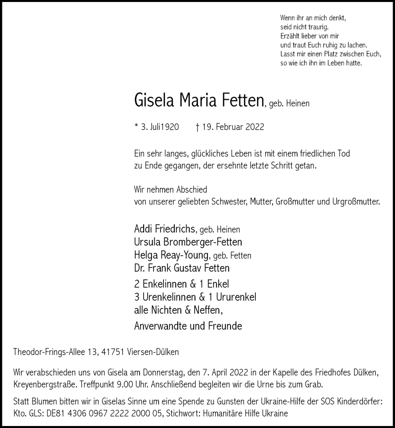  Traueranzeige für Gisela Maria Fetten vom 02.04.2022 aus Rheinische Post