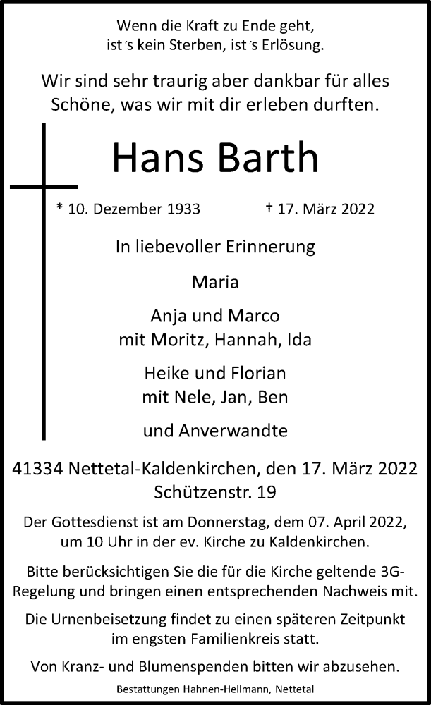  Traueranzeige für Hans Barth vom 26.03.2022 aus Rheinische Post