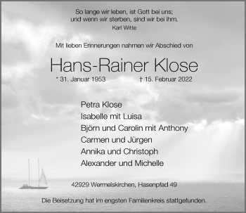 Traueranzeige von Hans-Rainer Klose von Rheinische Post