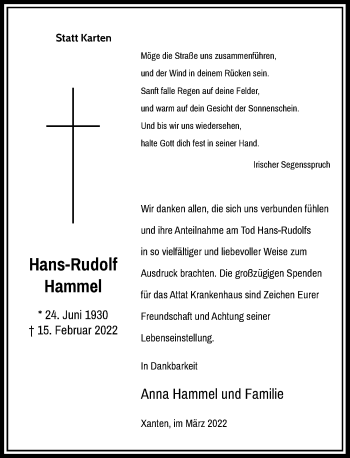 Traueranzeige von Hans-Rudolf Hammel von Rheinische Post