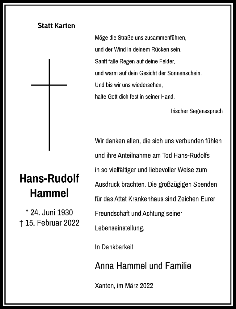  Traueranzeige für Hans-Rudolf Hammel vom 10.03.2022 aus Rheinische Post