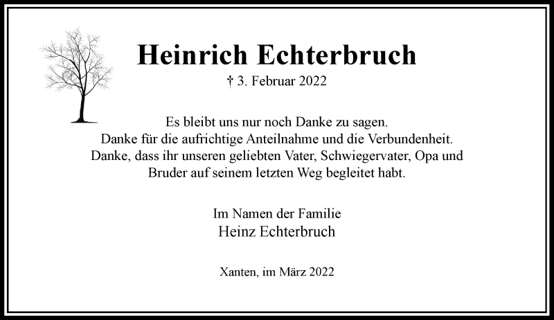  Traueranzeige für Heinrich Echterbruch vom 02.03.2022 aus Rheinische Post