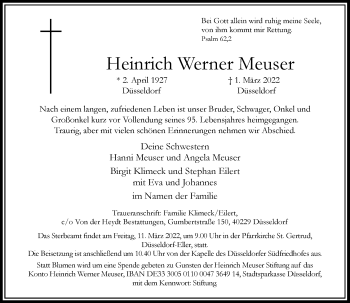 Traueranzeige von Heinrich Werner Meuser von Rheinische Post