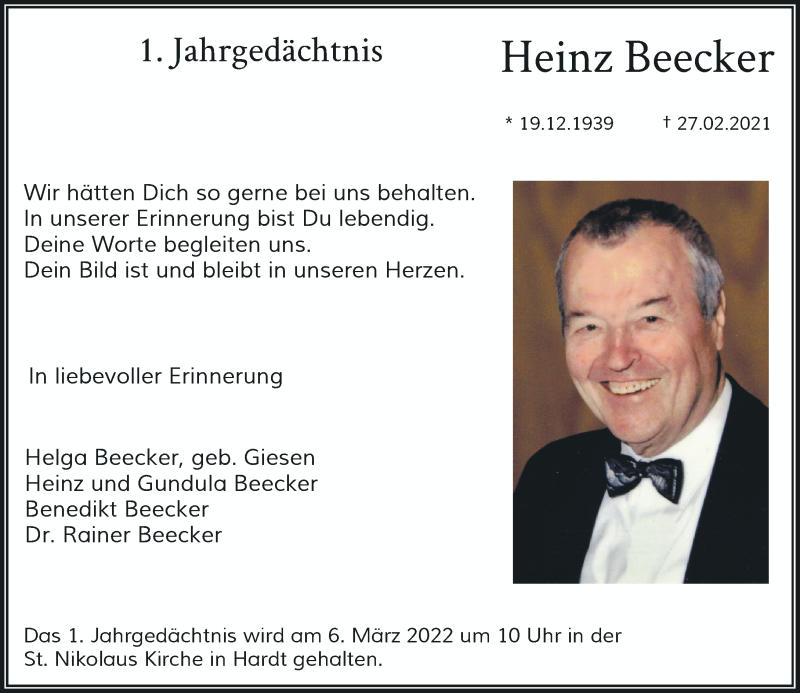  Traueranzeige für Heinz Beecker vom 05.03.2022 aus Rheinische Post