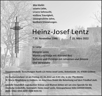 Traueranzeige von Heinz-Josef Lentz von Rheinische Post