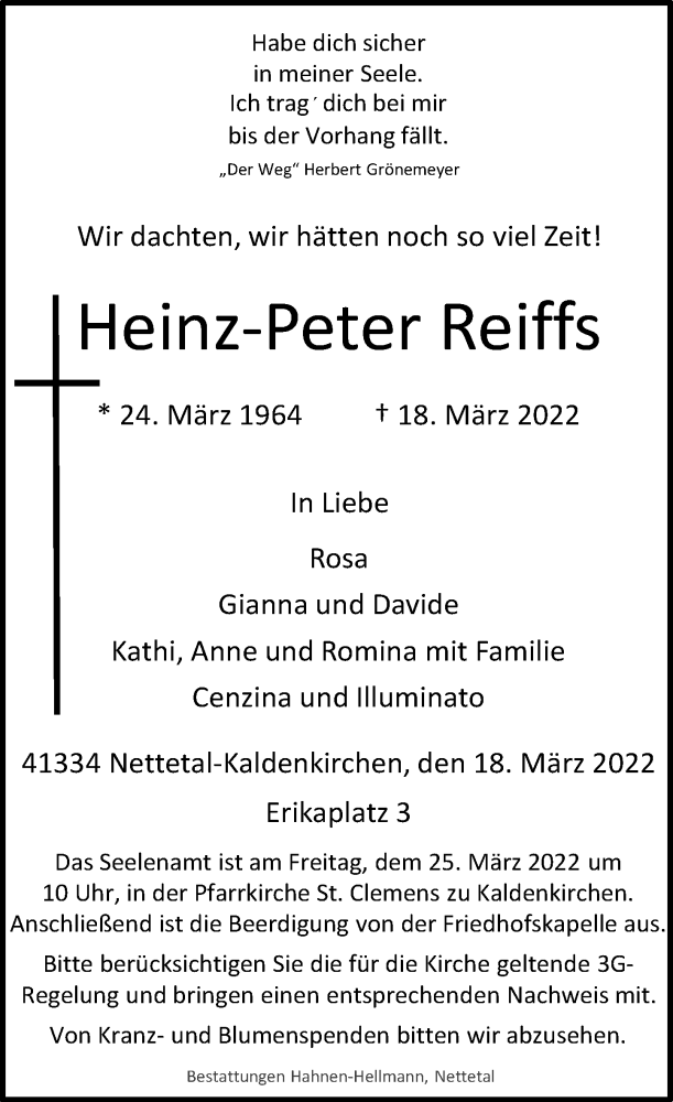  Traueranzeige für Heinz-Peter Reiffs vom 24.03.2022 aus Rheinische Post