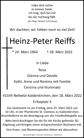 Traueranzeige von Heinz-Peter Reiffs von Rheinische Post