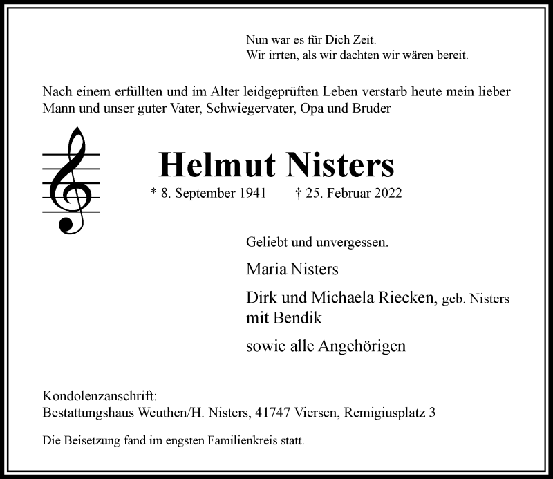  Traueranzeige für Helmut Nisters vom 19.03.2022 aus Rheinische Post