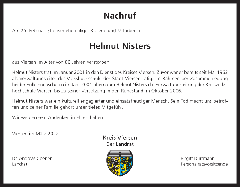  Traueranzeige für Helmut Nisters vom 09.03.2022 aus Rheinische Post