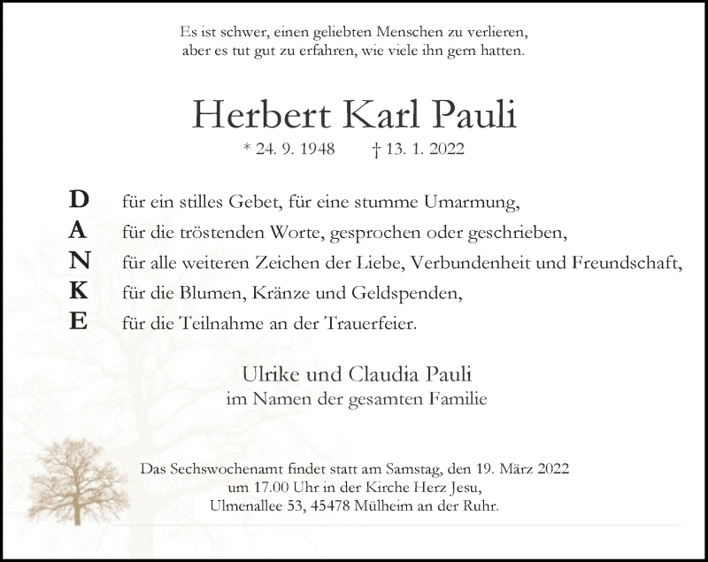  Traueranzeige für Herbert Karl Pauli vom 05.03.2022 aus Rheinische Post