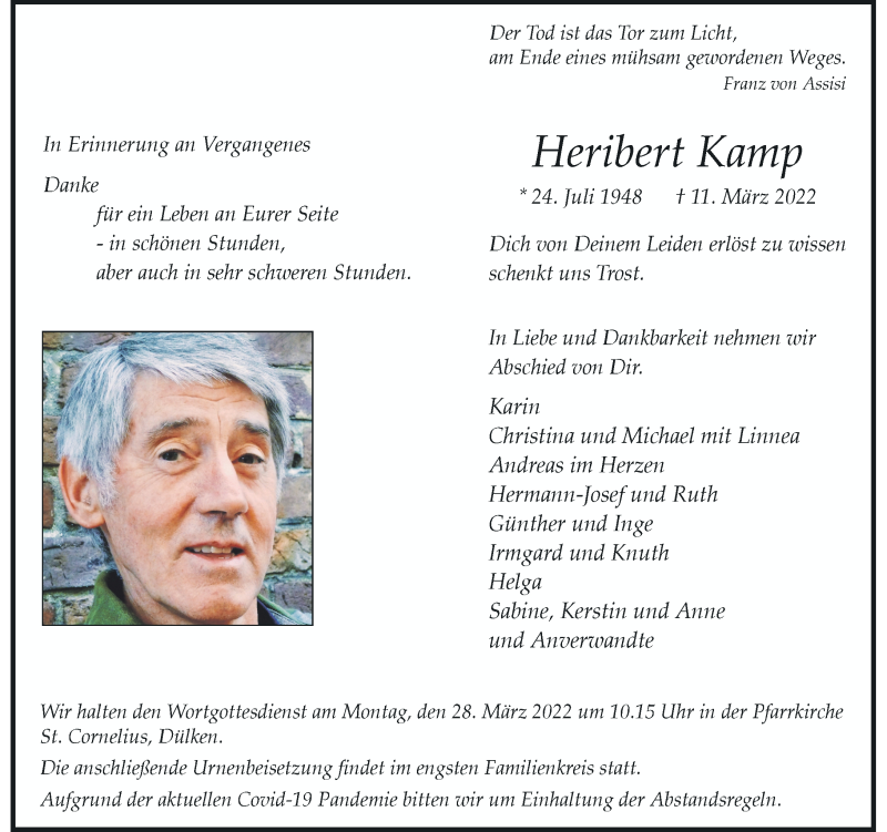  Traueranzeige für Heribert Kamp vom 23.03.2022 aus Rheinische Post
