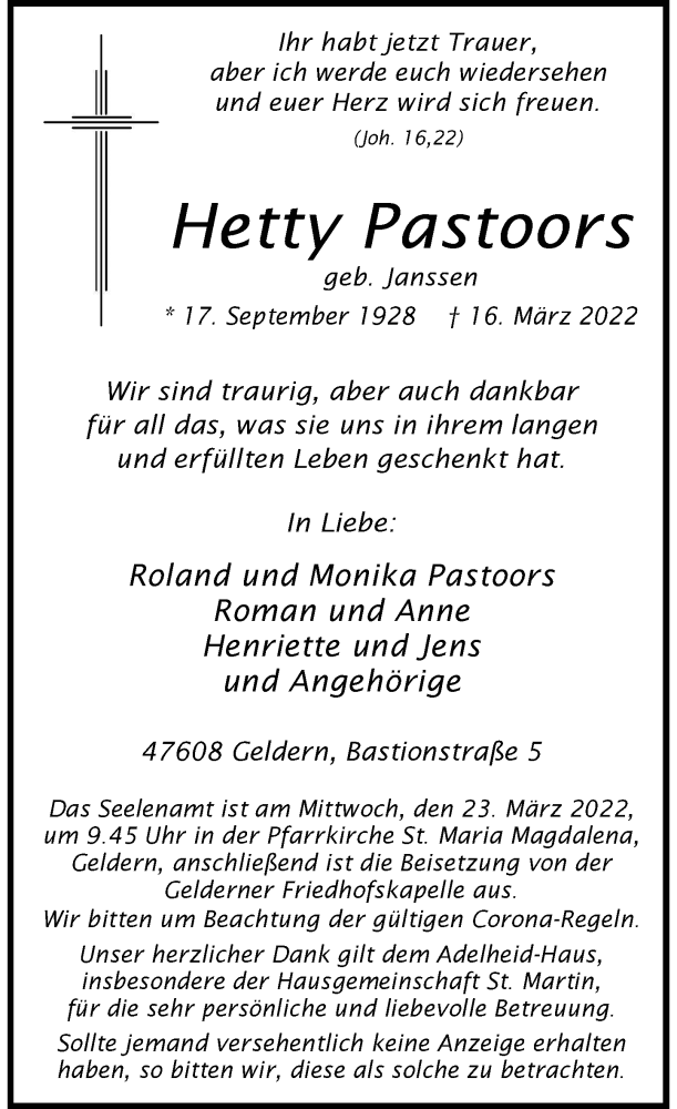  Traueranzeige für Hetty Pastoors vom 19.03.2022 aus Rheinische Post