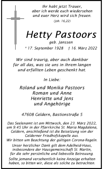 Traueranzeige von Hetty Pastoors von Rheinische Post