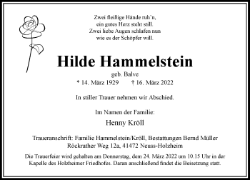 Traueranzeige von Hilde Hammelstein von Rheinische Post