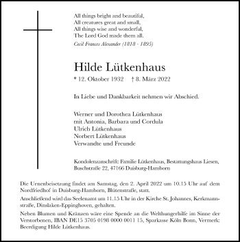 Traueranzeige von Hilde Lütkenhaus von Rheinische Post
