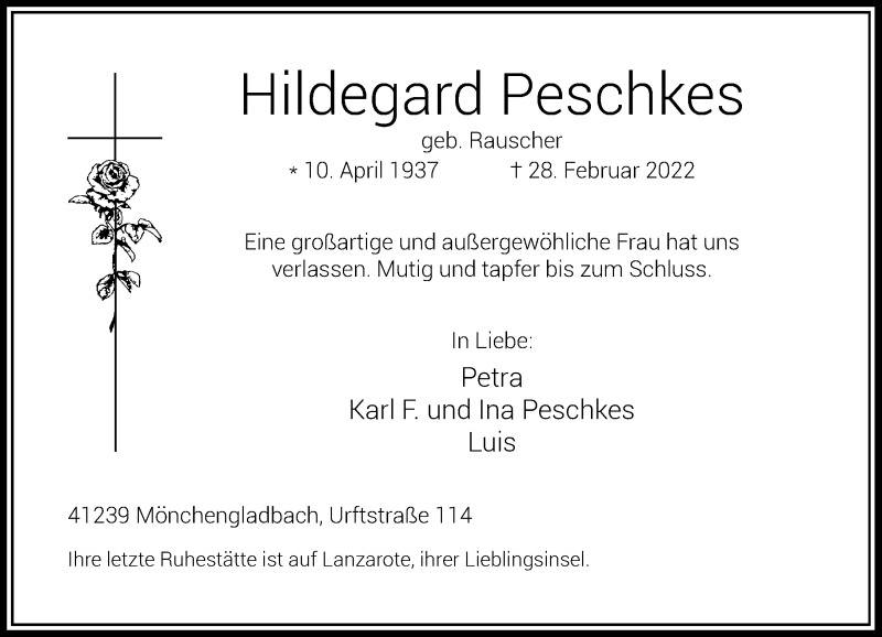  Traueranzeige für Hildegard Peschkes vom 05.03.2022 aus Rheinische Post