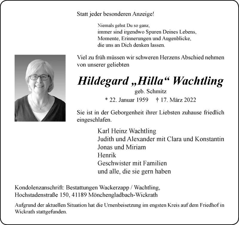  Traueranzeige für Hildegard Wachtling vom 02.04.2022 aus Rheinische Post