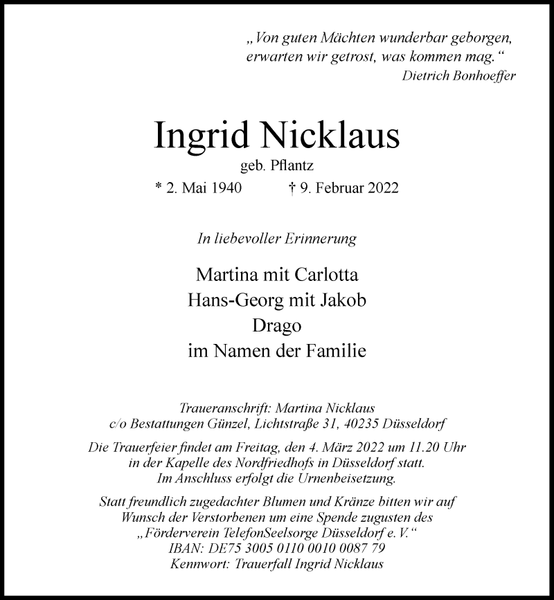  Traueranzeige für Ingrid Nicklaus vom 02.03.2022 aus Rheinische Post