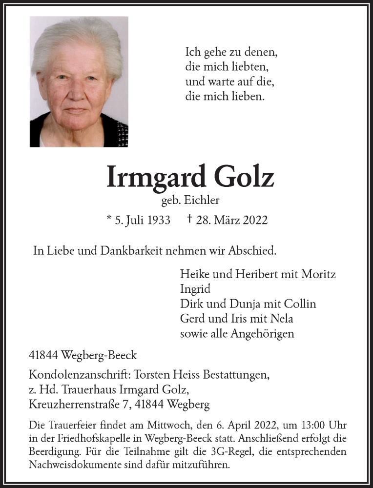  Traueranzeige für Irmgard Golz vom 02.04.2022 aus Rheinische Post