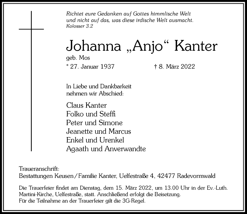  Traueranzeige für Johanna Kanter vom 12.03.2022 aus Rheinische Post