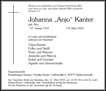 Traueranzeige von Johanna Kanter von Rheinische Post