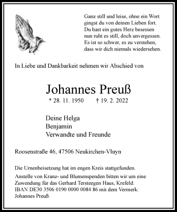 Traueranzeige von Johannes Preuß von Rheinische Post