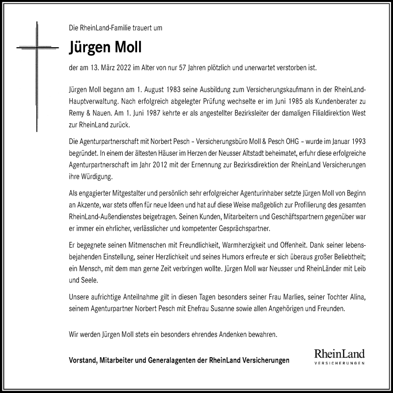  Traueranzeige für Jürgen Moll vom 19.03.2022 aus Rheinische Post