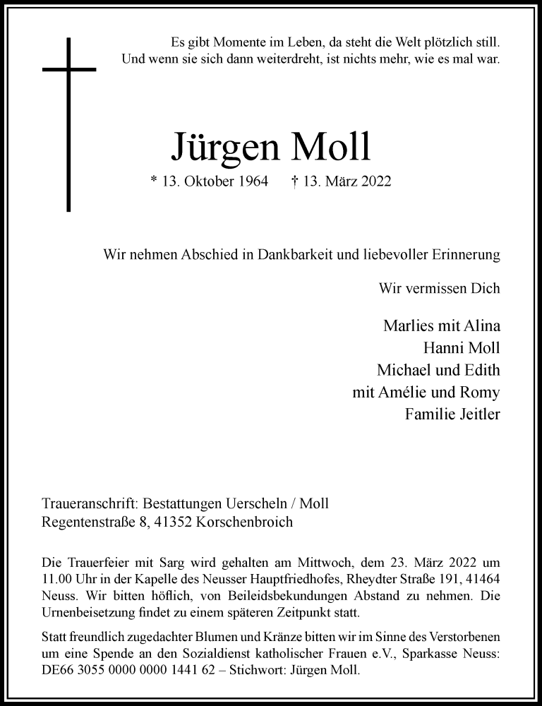  Traueranzeige für Jürgen Moll vom 19.03.2022 aus Rheinische Post