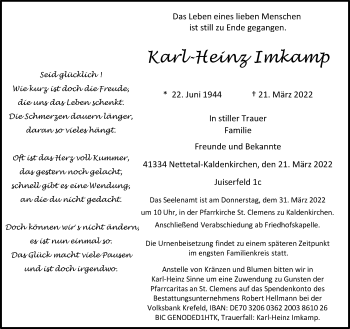 Traueranzeige von Karl-Heinz Imkamp von Rheinische Post