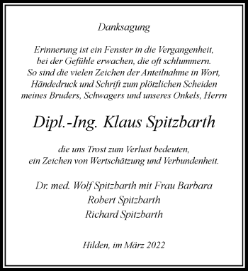 Traueranzeige von Klaus Spitzbarth von Rheinische Post