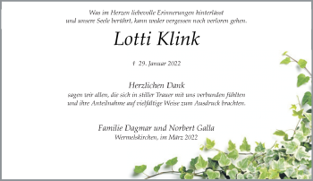 Traueranzeige von Lotti Klink von Rheinische Post