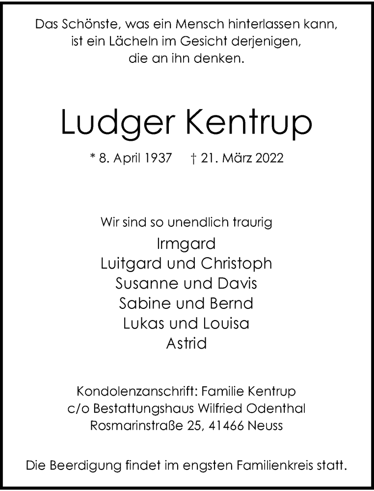  Traueranzeige für Ludger Kentrup vom 26.03.2022 aus Rheinische Post