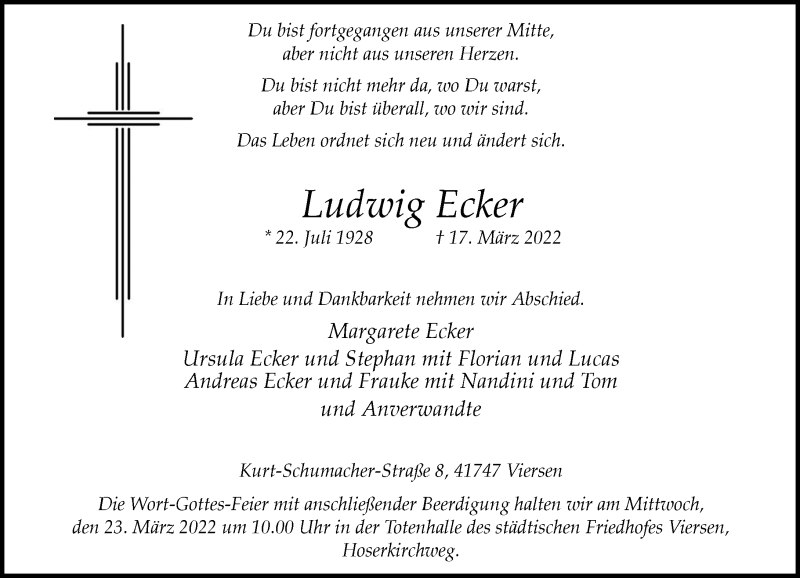  Traueranzeige für Ludwig Ecker vom 22.03.2022 aus Rheinische Post