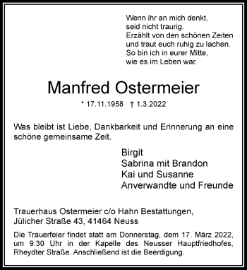 Traueranzeige von Manfred Ostermeier von Rheinische Post