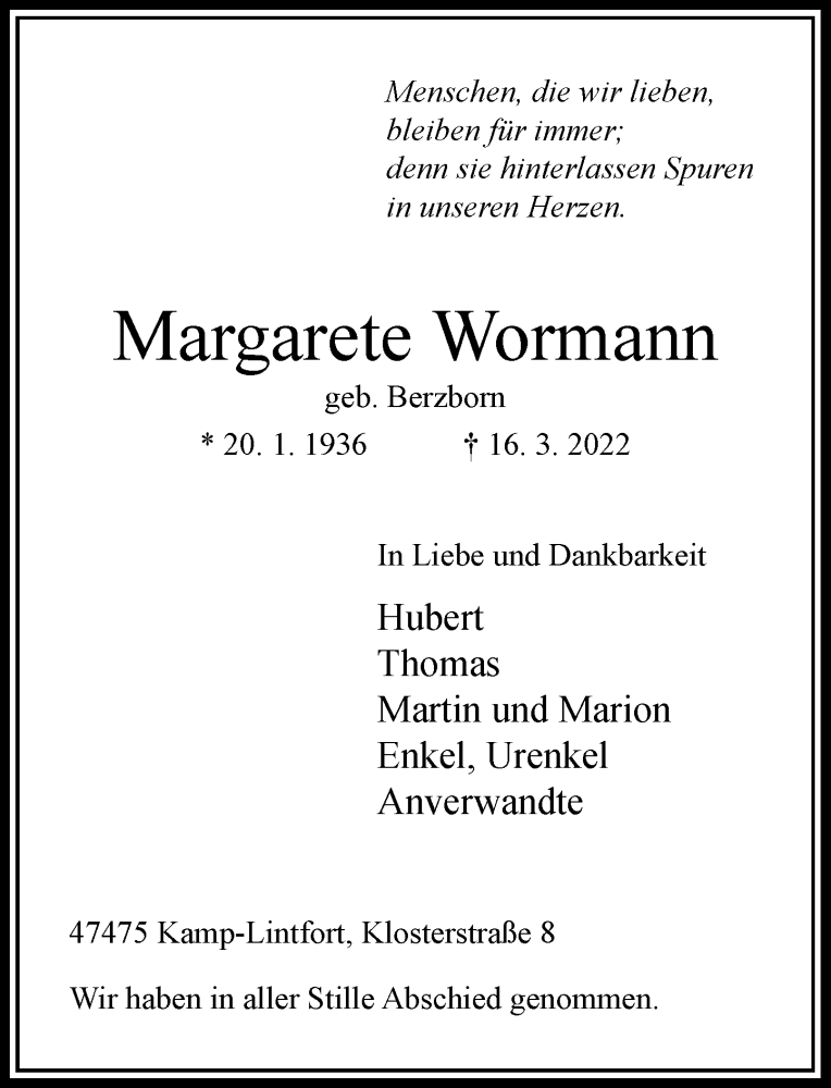  Traueranzeige für Margarete Wormann vom 26.03.2022 aus Rheinische Post