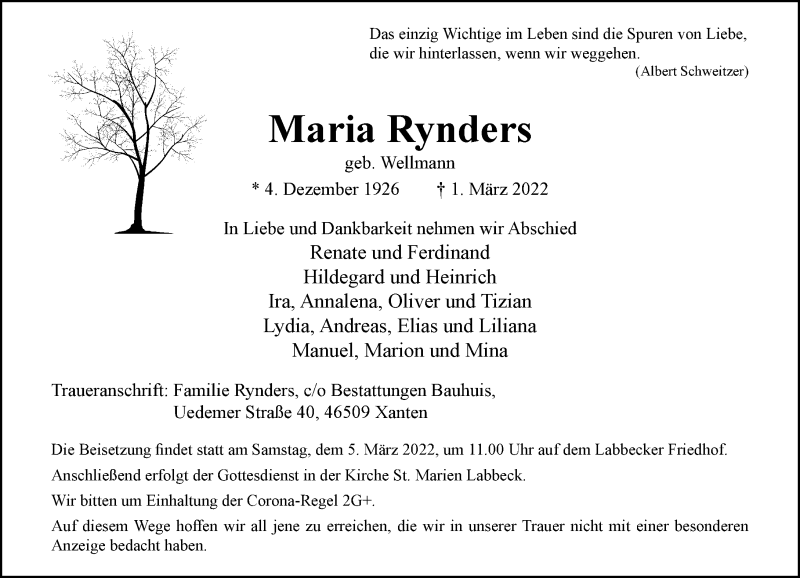  Traueranzeige für Maria Rynders vom 04.03.2022 aus Rheinische Post