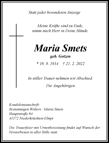 Traueranzeige von Maria Smets von Rheinische Post