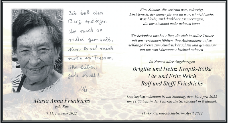  Traueranzeige für Maria Anna Friedrichs vom 02.04.2022 aus Rheinische Post