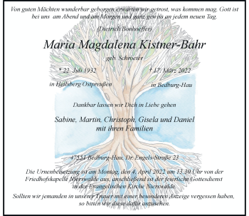 Traueranzeige von Maria Magdalena Kistner-Bahr von Rheinische Post