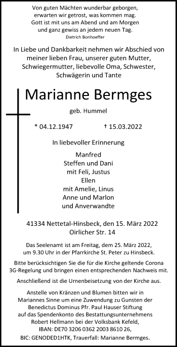Traueranzeige von Marianne Bermges von Rheinische Post