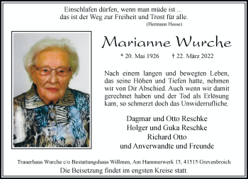 Traueranzeige von Marianne Wurche von Rheinische Post
