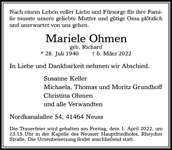 Traueranzeige von Mariele Ohmen von Rheinische Post