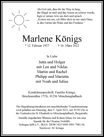 Traueranzeige von Marlene Königs von Rheinische Post