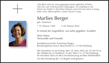 Traueranzeige von Marlies Berger von Rheinische Post