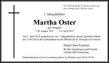 Traueranzeige von Martha Oster von Rheinische Post